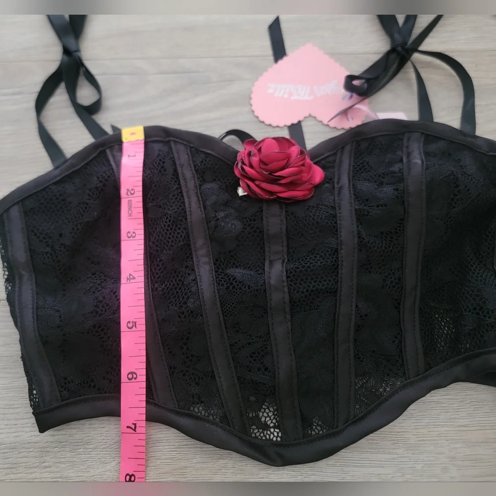 Black Lace Bustier Top with Pink Rose Accent